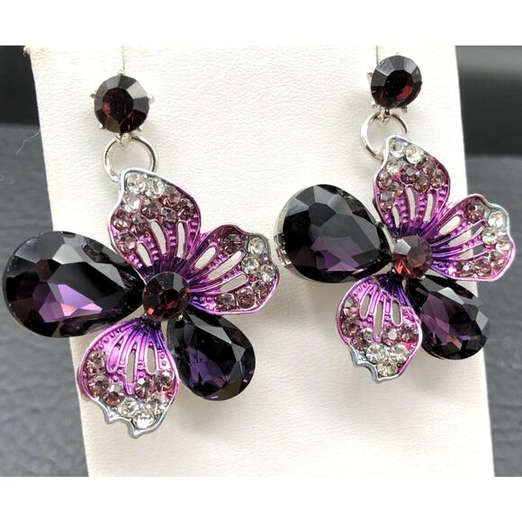 Rhinestone Flower Earrings Purple Crystal Silver Tone Statement Bridal Prom Stud - Picture 1 of 7